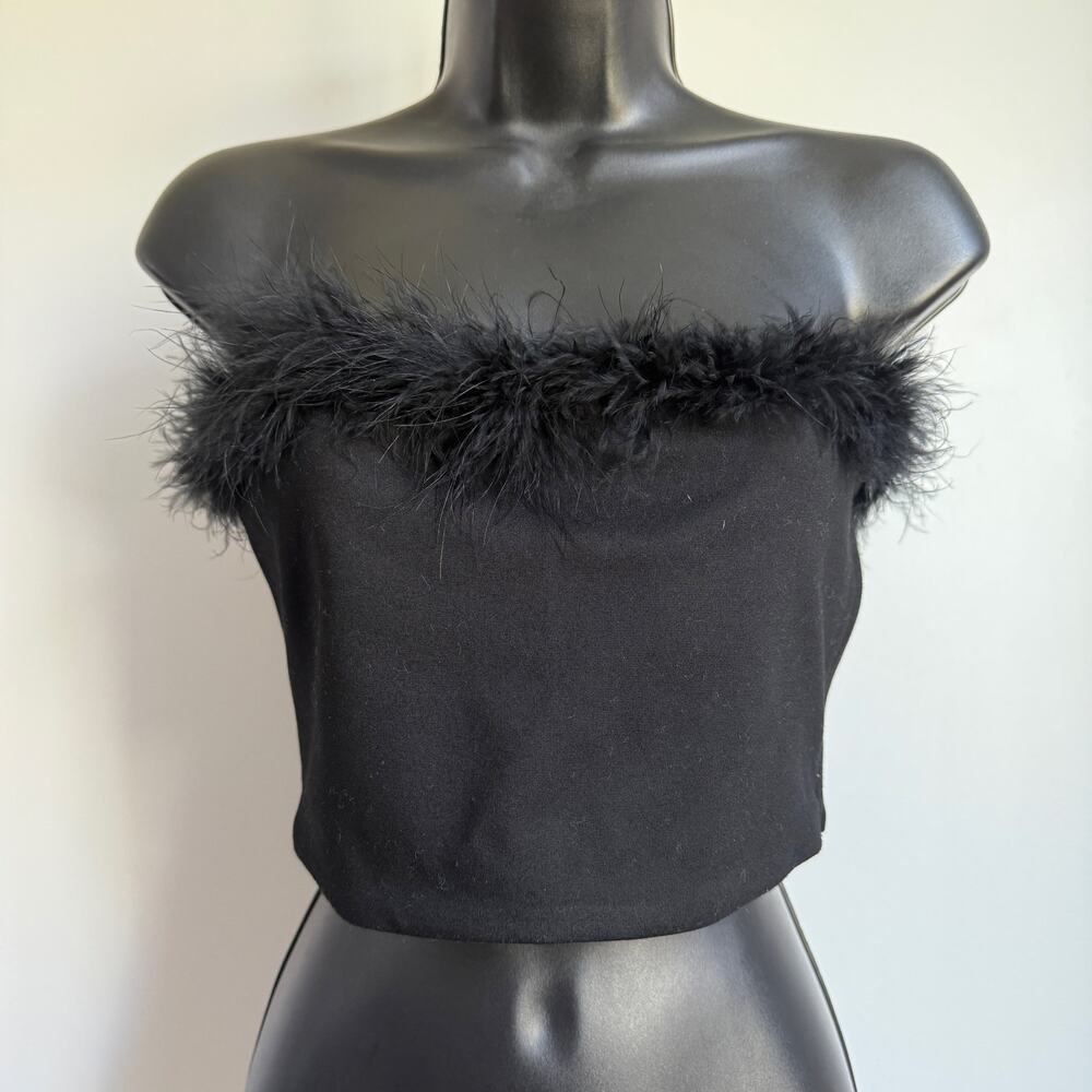 superdown MobWife Y2K Party‎ Feather Trim Strapless Crop Top Small Black
